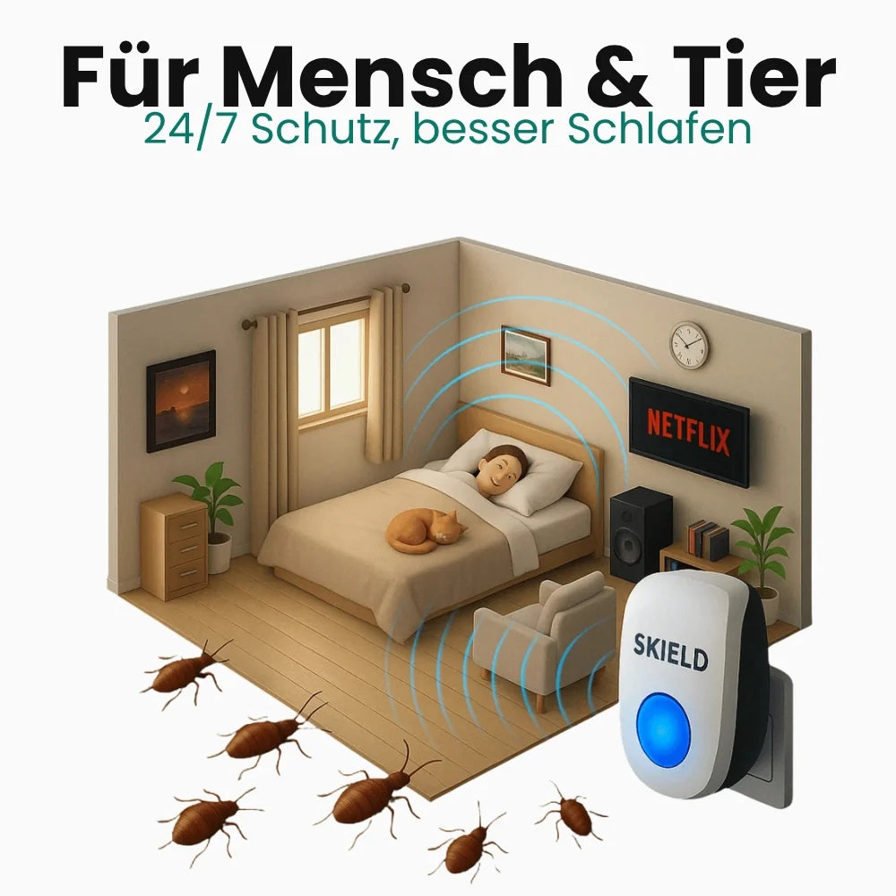 BugShield | Ultraschall gegen Milben, Flöhe, Bettwanzen, Motten & Silberfischchen